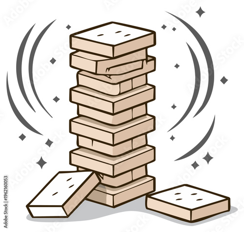 Tower of wooden blocks collapsing with motion lines and sparkles