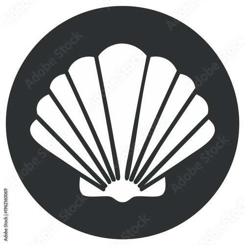 Simple white scallop shell icon on a dark gray circle background