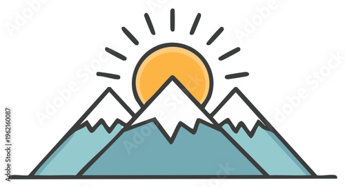 Mountain Range with Rising Sun Illustration Minimalist Design Peak and Snow Landscape Outdoors Adventure Travel Concept