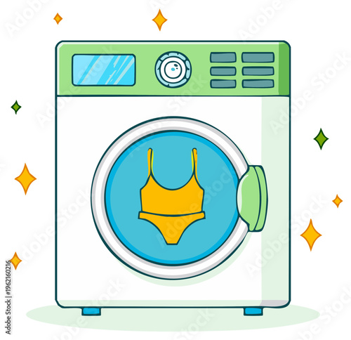 Washing machine with bikini illustration, laundry appliance and yellow swimwear cartoon