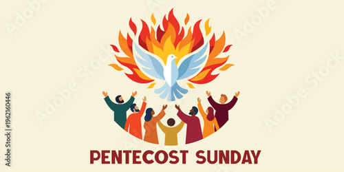Pentecost Sunday Christian Celebration with Dove and Fire Worship Community Vector