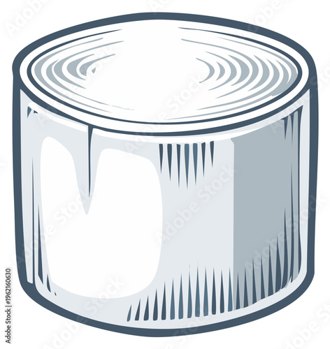 Stylized tin can illustration with blue outlines and a decorative top in shades of gray and white, perfect for food storage or reuse.