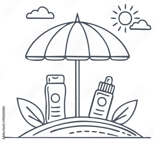 Summer beach protection scene with parasol, sunscreen bottles, sun, and clouds, a perfect sunny day icon.