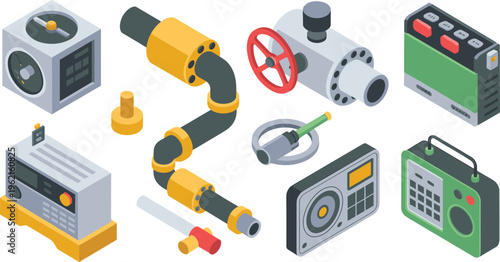 Isometric industrial pipeline system with control valves gauges electronic devices radio communication equipment engineering components isolated on white background