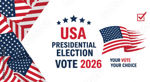 American flags with stars and stripes design, presidential election graphics representing patriotism, concept for voting promotion, campaign design and democratic process messaging.