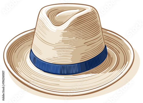 Elegant retro fedora hat drawing featuring light straw texture and a vibrant blue ribbon