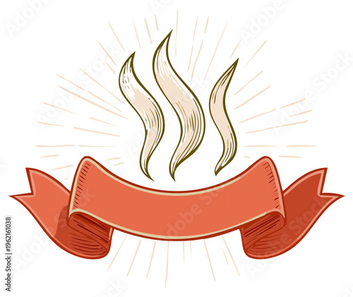 Vintage hand-drawn banner with steaming plumes and radiant rays illustration, customizable text space