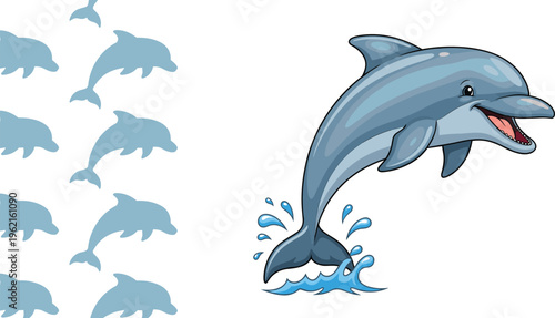 Cute dolphin vector illustration showing jumping dolphin with splash and dolphin silhouettes, playful ocean animal design for children’s educational content, digital, or decorative use