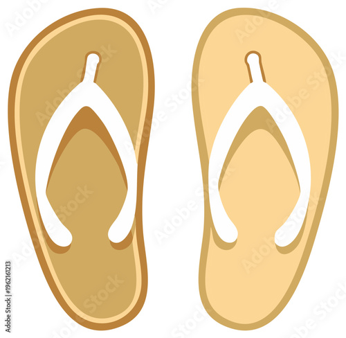 Pair of Simple Tan Flip Flops with White Straps Isolated on White