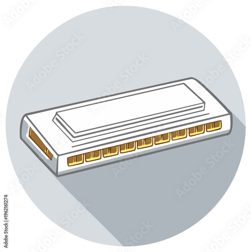 Stylized white harmonica with golden reeds shown in a circular frame with a long shadow