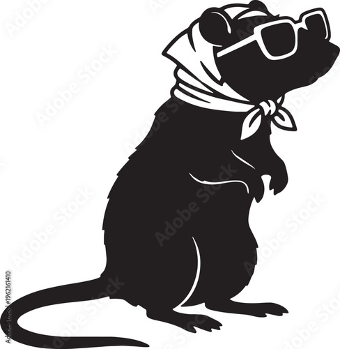 rat wearing sunglasses and bandana sitting upright