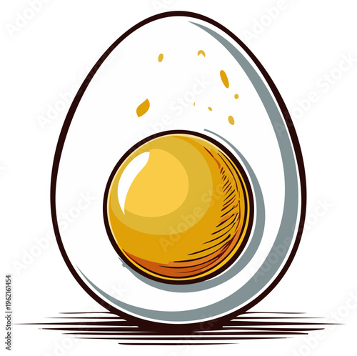 Detailed illustration of a halved hard boiled egg showing vibrant yellow yolk and white albumen