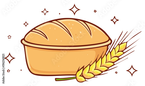 Illustration of Fresh Bread Loaf with Wheat Stalks and Sparkles