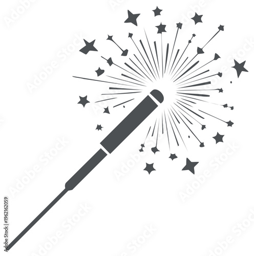 Illustration of a sparkler with starburst fireworks and stars, celebration, and festive design element.