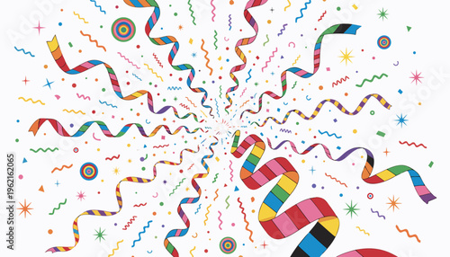 A colorful vector graphic of confetti and ribbons exploding in celebration
