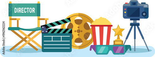 Cinema and filming concept. Movie industry concept with icons director chair, popcorn, clapperboard, tape, 3D glasses, award and camera isolated vector illustration