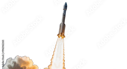 Rocket launching into the sky with flames.