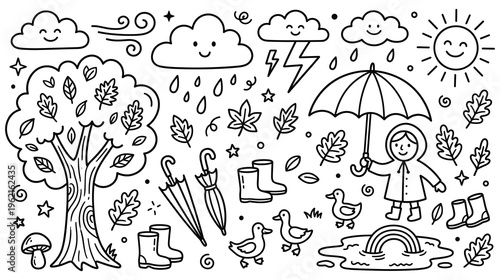 Autumn weather and rainy day doodle collection with cute characters.