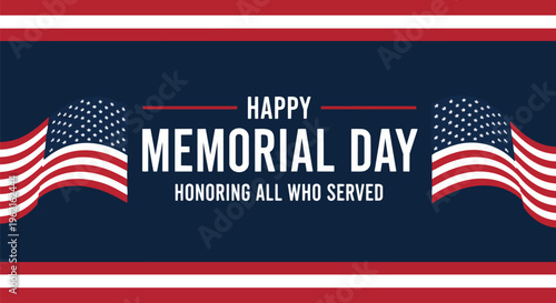 Patriotic design with waving American flags and bold text saying "Happy Memorial Day", perfect for patriotic greeting cards, social media posts, and commemorative events.
