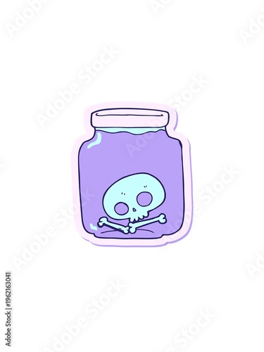 rise and float animation of sticker of a cartoon jar with skull