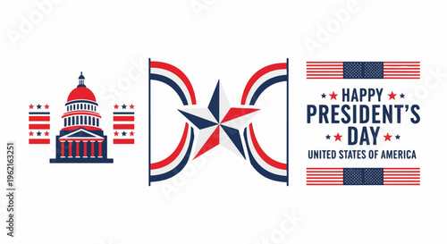 Stylized American flag elements with capital building and star shape, vector illustration on white backdrop, concept for patriotism, national holiday promotions and civic events.