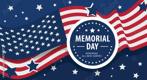 Stylized American flag with text "Memorial Day" on a blue background and star elements, ideal for patriotic promotions, commemorative events and social media content.