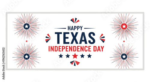 Vibrant design with patriotic fireworks and stars, featuring "Texas Independence Day" lettering, concept for event invitations, social media posts, and commemorative merchandise.