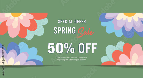 Vibrant cartoon flowers and sale text on a green background, graphic design with 50% off, concept for seasonal promotion, retail advertising and spring sale campaign.