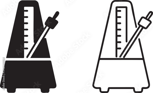 Mechanical metronome vector icons, classic music tempo equipment in solid and line styles, rhythmic beat counter for musicians and practice