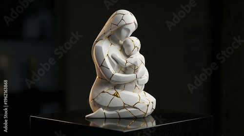 Mended white kintsugi sculpture of a mother embracing her child