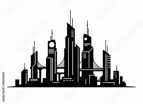 City Skyline Silhouette: A sleek, monochrome silhouette of a modern cityscape, showcasing skyscrapers and bridges against the sky.