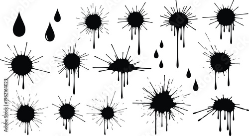 ink splatter silhouettes vector set, paint drip splash stains collection, grunge abstract elements, black liquid drops, artistic messy texture illustration