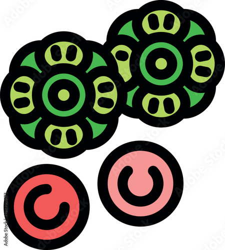 Vibrant graphic representing sushi rolls, wasabi, and pickled ginger, symbolizing japanese culinary tradition