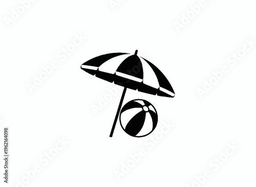 Summer Beach essentials: A minimalist monochrome depiction of a beach umbrella and ball, evoking the carefree joy of a sunny day at the shore.