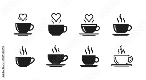 Minimalist coffee and tea cup icons with heart and steam symbols set of black and white mug silhouettes for modern cafe branding and simple kitchen decor art