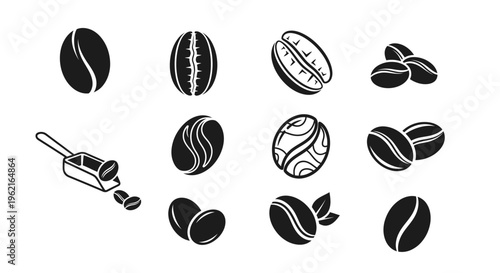 Collection of various stylized black and white coffee bean icons representing different stages and types of roasted seeds for design use