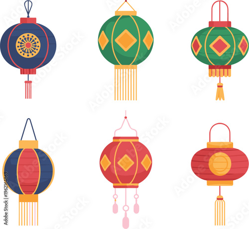 Colorful Chinese lantern vector set with traditional hanging decorations, Asian festival elements for holiday celebration design