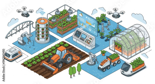 Isometric view of modern agriculture and farming technologies illustration.