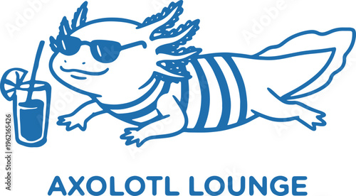 cartoon axolotl wearing sunglasses and striped shirt relaxed with drink