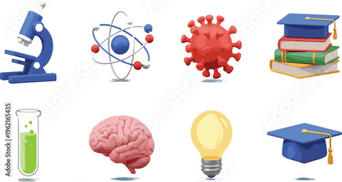 Science Education Icons Vector Set with Microscope, Atom Model, Virus, Brain, Test Tube, Light Bulb, Graduation Cap, and Books Illustration