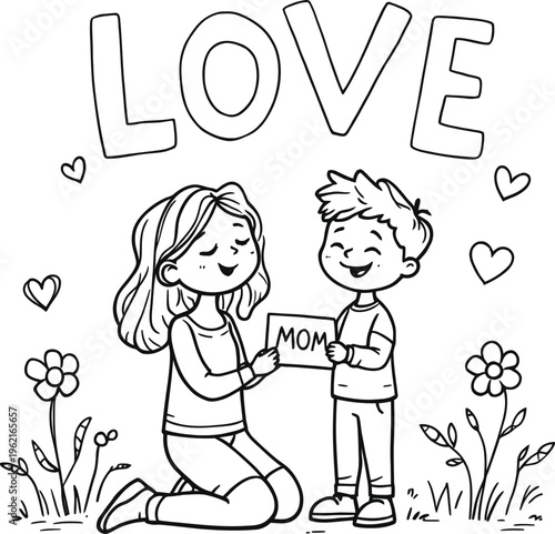 Minimal abstract vector illustration of mother child MOM card LOVE text hearts flowers elegant outline design symbolizing maternal affection family celebration and Mother’s Day appreciation