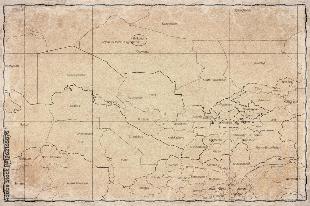 Fototapeta premium Vintage Map Of Uzbekistan With Regions On Retro Paper Background