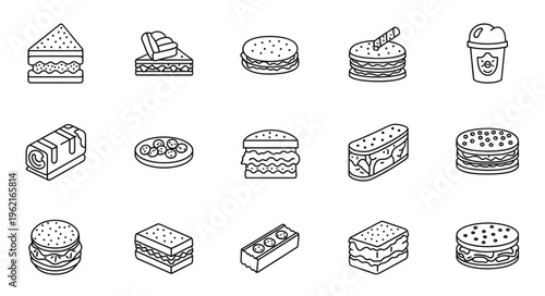 Isometric Line Art - Diverse Sandwich and Snack Collection.