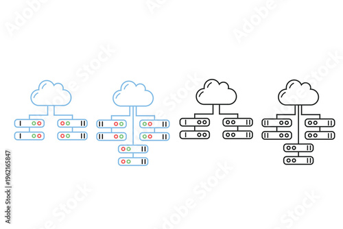Cloud server vector icon set representing data storage and online computing technology.