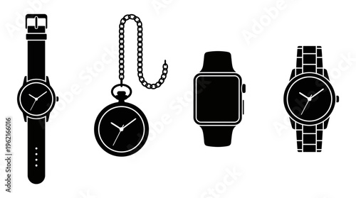 Silhouette timepieces set: analog wristwatch, pocket watch, digital smartwatch, metal band watch, showcasing evolution, diversity, craftsmanship, style.