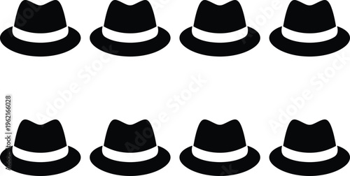 Eight black fedora hat icons arranged in two rows, symbolizing style, fashion, mystery, vintage, jazz, or a classic gentleman's accessory.