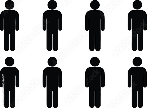 Eight black silhouette male figures standing upright, representing generic human forms or restroom signs, isolated on a clean white background, ideal for infographics and public signage.