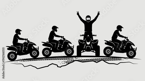 Silhouette ATV riders on hill, one standing triumphantly with raised arms, others seated driving, symbolizing adventure, thrill, camaraderie, freedom.