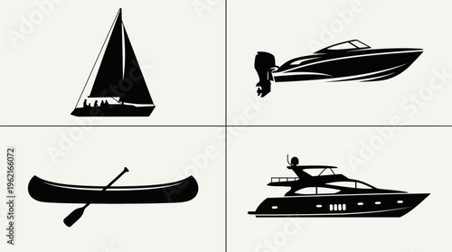 Silhouette watercraft set: sailboat, motorboat, canoe, luxury yacht, showcasing diverse nautical designs, leisure, sport, transportation, maritime artistry.