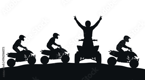 Silhouette ATV riders on hill, one standing triumphantly with raised arms, others seated driving, symbolizing adventure, thrill, camaraderie, freedom.